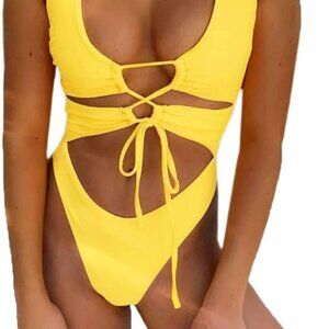 CHYRII Cutout Lace Up Backless High Cut 1 Pc Swimsuit Monokini Lt Small Yellow